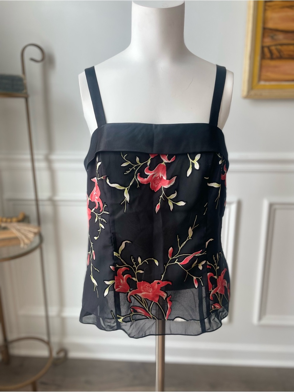 Alex Evenings Black Sheer Floral-Embroidered Tank